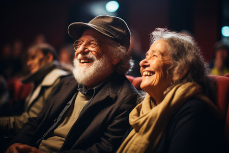 A happy senior couple is watching comedy on tv and eating popcorn. Movie night.の素材