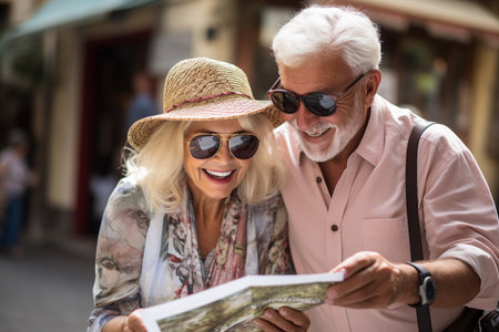 White senior couple smiling and examining map while walking on city streetの素材