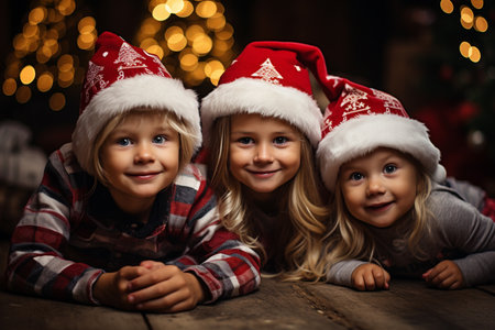 Cute little children in Santa Claus hats lying on floor on Christmas eve at homeの素材