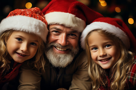 Spread love around. Father and little daughters celebrate new year. Christmas becomes special with children. Christmas eve concept. Christmas spirit. Dad kids having fun. Lovely family at home.の素材