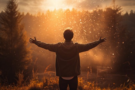Happy man gesture raised arms. Funny hiker with raised hands in the air on rock edge in national park. Vivid and strong vignetting effect.の素材