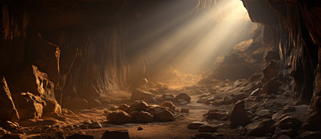 large foggy illuminated underground cave in limestone rock iの素材