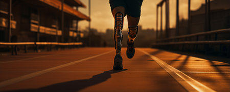 Asian para-athletes disabled with prosthetic blades running at stadium. Attractive amputee male runner exercise and practicing workout for Paralympics competition regardless of physical limitations.の素材