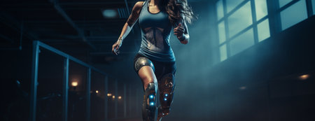 Sports woman with artificial leg running on treadmill at gym. Woman with prosthetic leg using walking on treadmill while working out in gym.の素材