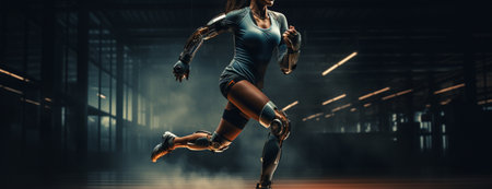 Sports woman with artificial leg running on treadmill at gym. Woman with prosthetic leg using walking on treadmill while working out in gym.の素材