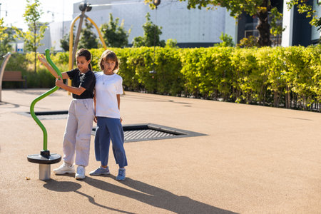 Teenage girls at the school yardの写真素材