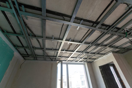 structure of ceiling suspension, installation of gypsum plasterboard and light.