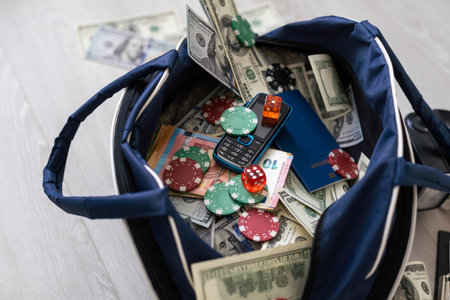 Black duffel bag full of dollar notes in criminal investigation unit, conceptual imageの写真素材