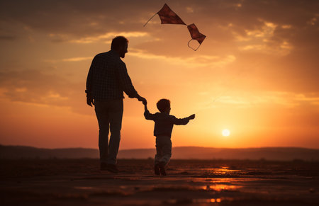 happy father and son walk in natureの素材
