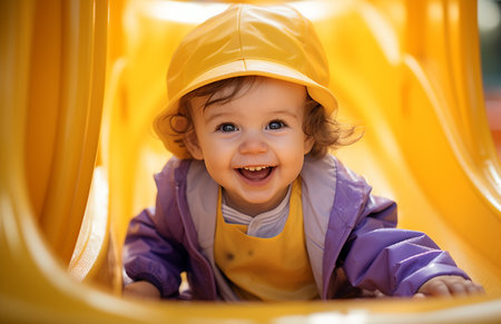 happy children playing on slideの素材