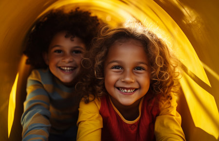 Kids climbing and sliding on outdoor playground. Children play in sunny summer park. Activity and amusement center in kindergarten or school yard. Child on colorful slide. Toddler kid outdoors.の素材