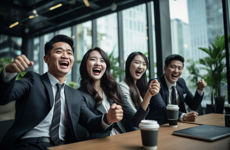 happy smiling asian young business poeple in formal wear, they showing success symbol meaning of project successful and completed with happy smiling face and urban view backgroundの素材