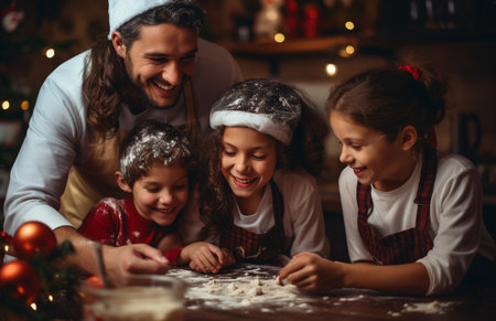 Happy kids and their parents having fun while decorating Christmas cookies in the kitchen.の素材