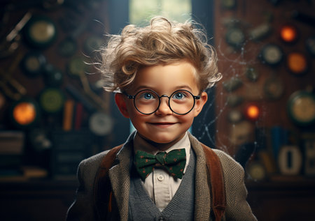 A little boy in a sweater and a retro-style cap on a dark background. smiling. Childrens fashion. Retro style.の素材