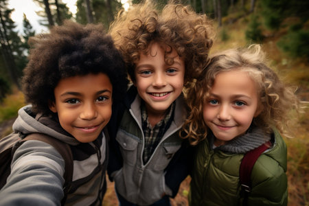 Children caucasian smile and hugging each other relax in weekend holiday lifestyle park outdoor nature backgroundの素材
