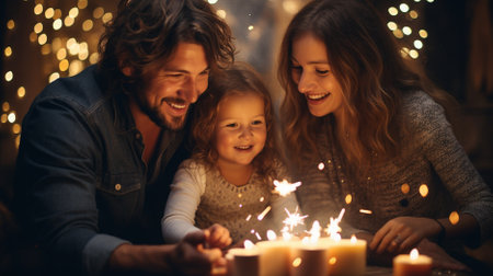 family and people concept - happy mother, father and little daughter over festive lights backgroundの素材