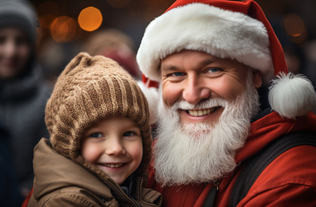 holidays, christmas, childhood and people concept - smiling little girl hugging with santa claus over snowy city backgroundの素材