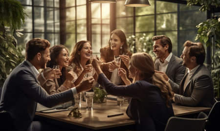 Group of Asian happy and bright men and woman standing at table in bar outstretching hands with beer bottles and screaming at cameraの素材