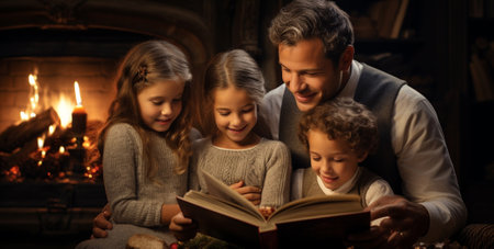 Cheerful family of four reading together on Christmas eveningの素材