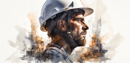 Indian construction site manager standing with folded arms wearing safety vest and helmet, thinking at construction site. Portrait of mixed race manual worker or architect with satisfaction.の素材