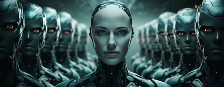 Leadership concept with 3d rendering female cyborg or robot arm crossed with robot armyの素材