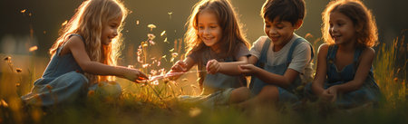 Lovely barefooted children in the woodsの素材