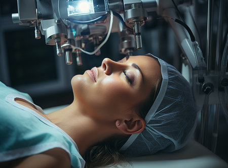 Laser vision correction. A patient in the operating room during ophthalmic surgeryの素材