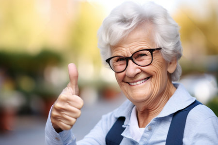 Elderly woman shows thumbs up signの素材