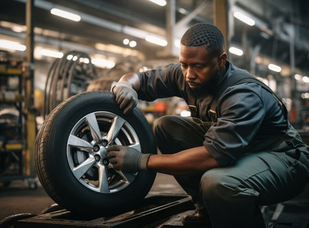 A motivated auto-mechanic in working uniform rolling tire and preparing to change it.の素材