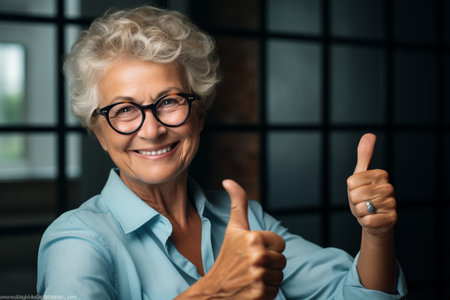 Elderly woman shows thumbs up signの素材