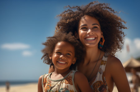 Caucasian mother y african daughter sitting and relaxing at the beach on beautiful summer day. Family and travel concept.の素材