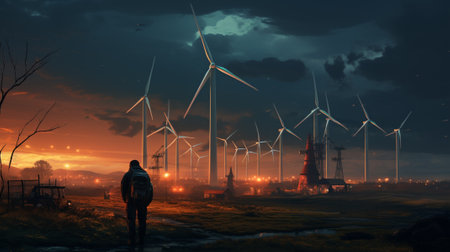 wind turbines in the rising sunの素材