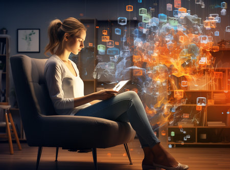 Happy woman is making video blog using smartphone on a tripod explaining with hands at office workplace. Concept of online stream, business education, conference call. Blockchain hologramの素材