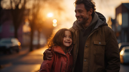 Smiling father and daughter exploring city during sightseeing tourの素材