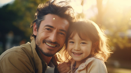 Cheerful girl smiling and embracing anonymous father while having happy childhood and spending time in countryside on sunny dayの素材