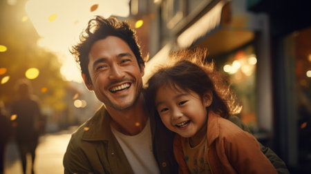 Portrait of daughter with father who are happily smiling and embracingの素材