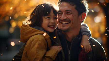Portrait of daughter with father who are happily smiling and embracingの素材