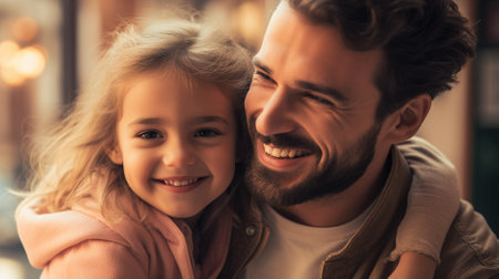 Cheerful girl smiling and embracing father while having happy childhood and spending timeの素材