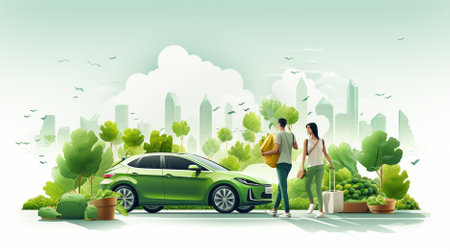 A family of dark skin people with children standing next to their minivan car. illustration.の素材