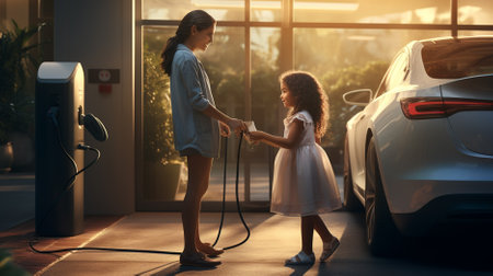 Standing together. Young woman with her little daughter is with their electric car outdoors.の素材