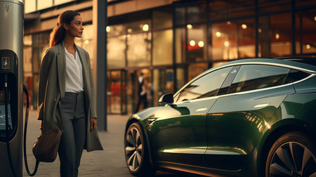Progressive asian woman holding smartphone with electric car at home charging station. Concept of the use of electric vehicles in a progressive lifestyle contributes to a clean and healthy environmentの素材