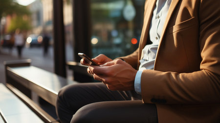 Close up of businessman checking smartphone while sitting on bench outside.の素材