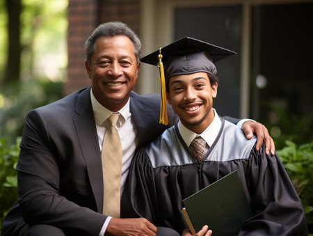 Father and son embrace at graduation. Parent congratulates university graduate.の素材