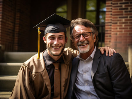 Father and son embrace at graduation. Parent congratulates university graduate.の素材