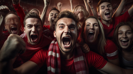 Emotions run high. Emotive shouting football, soccer fans from England cheering their team with white red scarfs at crowded stadium. Concept of sport, support, team event, competition and fight.の素材
