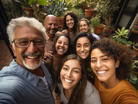 Portrait, generations and family with smile, quality time and support with love, bonding together and care. Face, grandparents and mother with father, siblings and female children with support or joyの素材