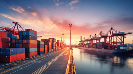 Logistics and transportation of Container Cargo ship and Cargo plane with working crane bridge in shipyard at sunrise, logistic import export and transport industry backgroundの素材