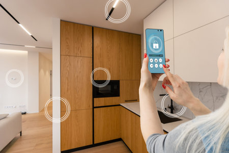 Hand of woman holding smartphone in blurred kitchen with double exposure of smart home interface....