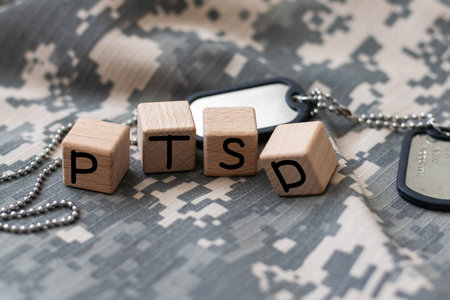 The letters PTSD on wooden blocks on a black background. Minimal concept post traumatic stress...