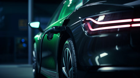 Electric plug cable connects from electric charging station to ev car being charged.Future technology of alternative and clean energy for transportation.の素材